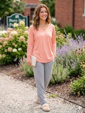 Kim Rogers WhisperLuxe Sleepwear Peach V-Neck Long Sleeve Pajama Top XL Soft